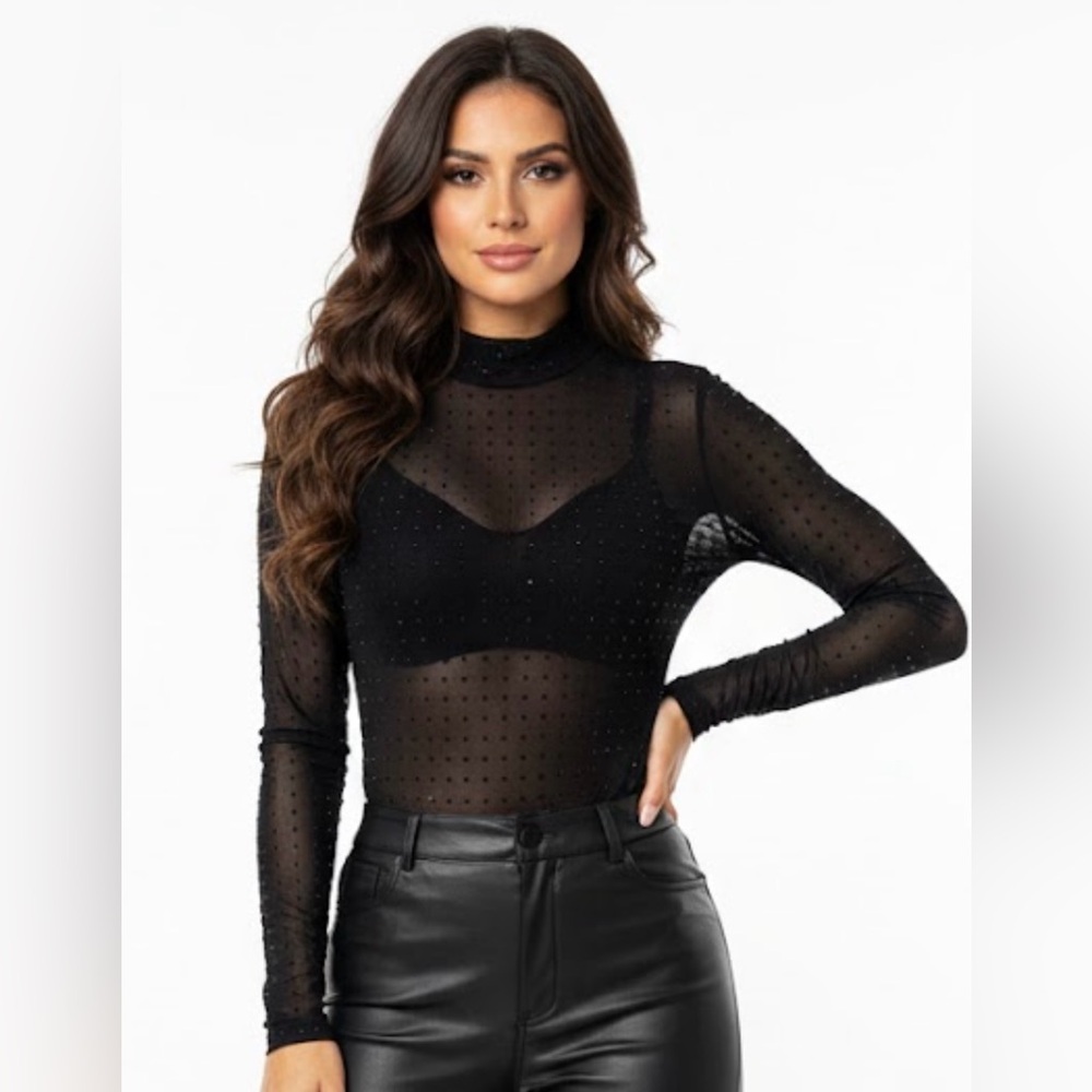 No Boundaries Mesh Studded Black Long Sleeve Bodysuit - Picture 2 of 13